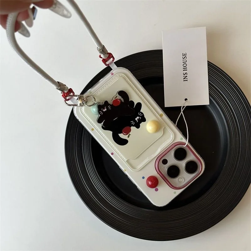 Three dimensional bead rainbow bean black cat card case with the same black cat phone strap For iPhone 11 12 13 14 15 pro max