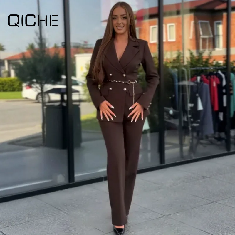 QICHE Women 2026 Office Matching Set Lapel‑Collared Silhouette Double‑Breasted Blazer Paired With Tailored Straight‑Leg Pants