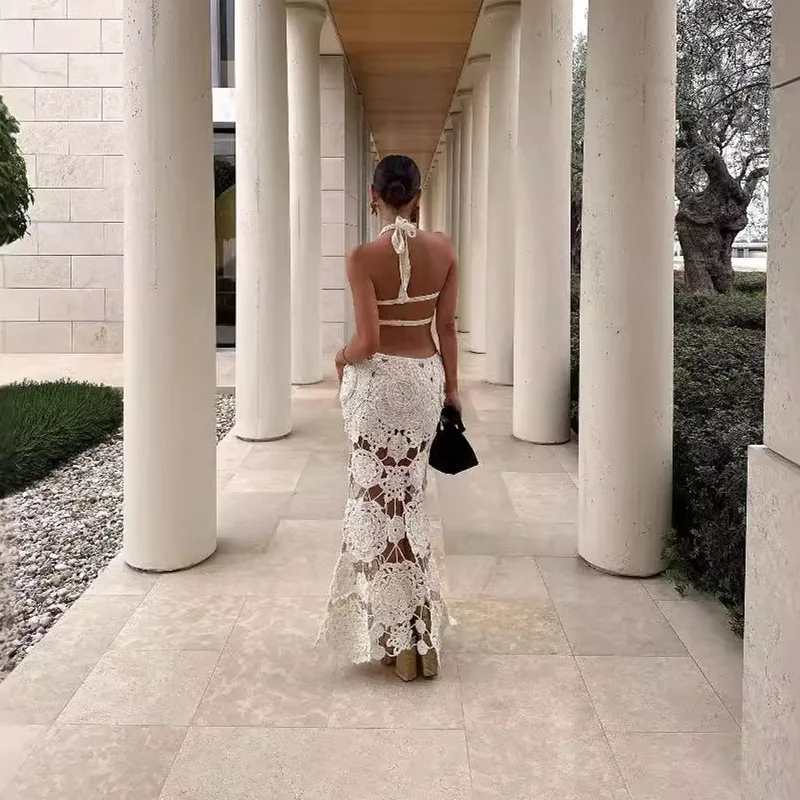 Elegant Women Halter Hollow Out Bodycon Dress Sexy Off Shoulder Sleeveless Slim Vacation Holiday Beach Boho Party Dress