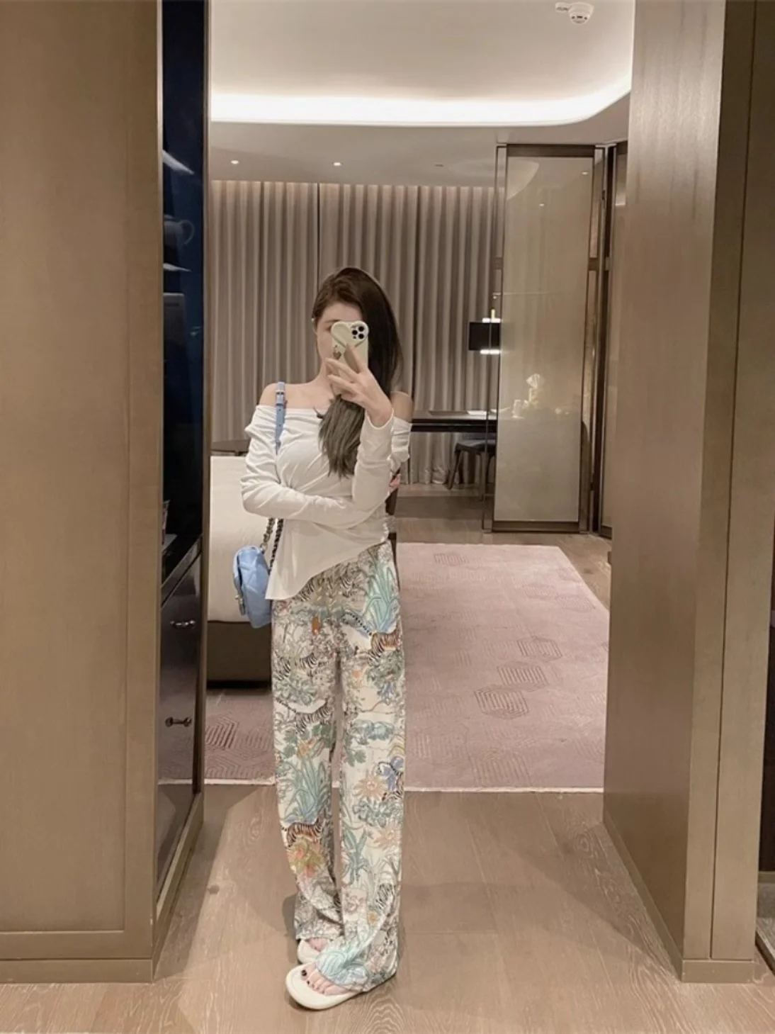 Ice Silk Tiger Pattern Wide Leg Pants Women\'s Summer Thin Home Sleepwear Straight Casual Cool Loose Fit Korean Style High Wai...