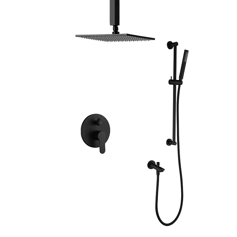 

Matte black wall mounted bathroom shower system 10 inch rainfall shower combo set Bathroom Shower Faucets