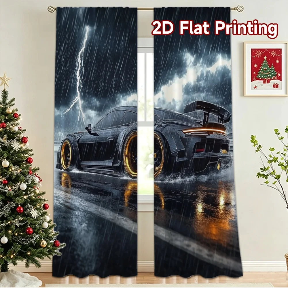 2D flat 2pcs Curtain French Romantic Style Lightning Storm Sports Car Digitally printed polyester Family Party Decoration