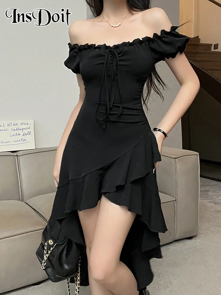 InsDoit Gothic Off Shoulder Folds Trim Dress Women Sexy Lace Up Irrgualr Chic Bodycon Casual E-girl Punk Harajuku Festival Dress