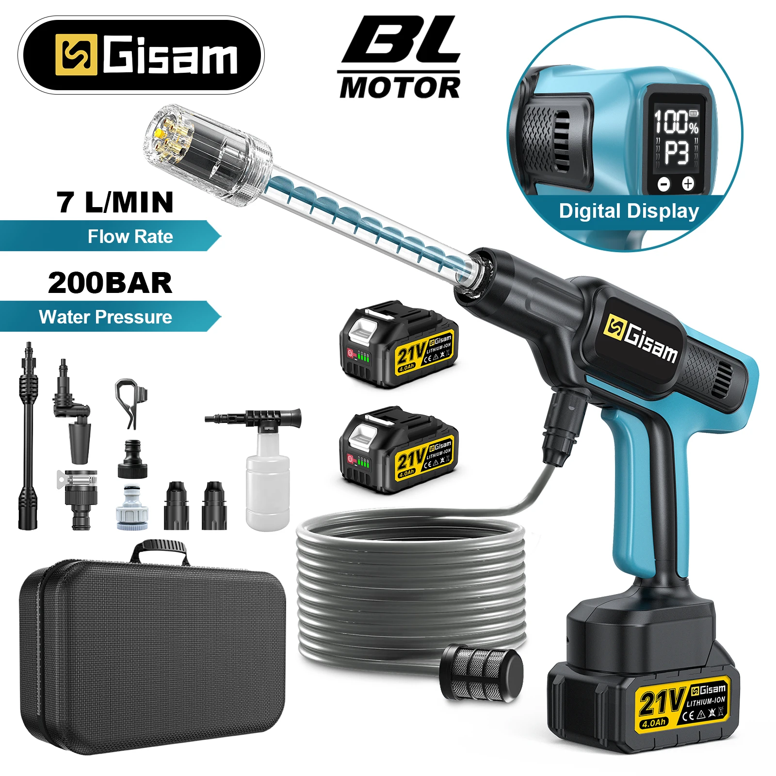 Gisam 220Bar Brushless Electric High Pressure Washer 5IN1 Car Washing Gun Garden Watering Spray Gun For Makita 18V Battery Pin