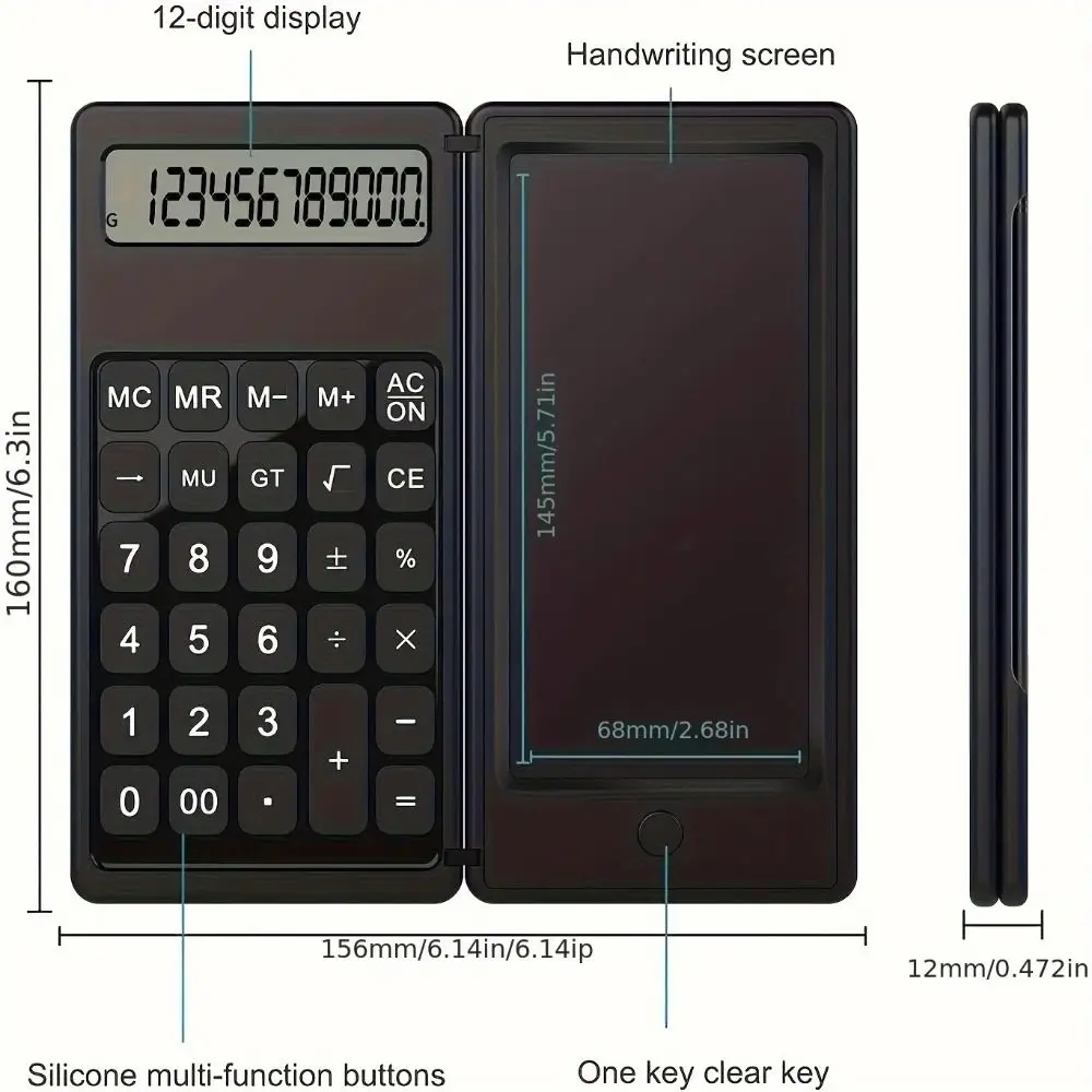 Foldable Scientific Calculator Portable 12 Digits Digital Writing Tablet Large Screen Display Erasable