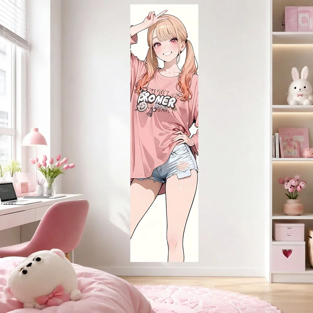 Kitagawa Marin Kawaii Anime Girl Tapestry Pink Tee Denim Shorts Street Casual Pastel Wall Hanging Teen Girls Dorm Bedroom Decor