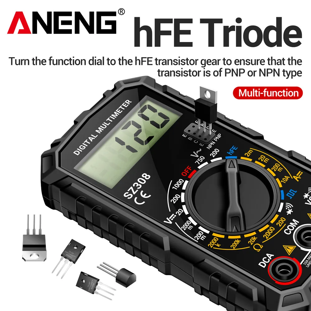 ANENG SZ308 Square Wave Digital Tester 1999 Counts HFE Triode Buzzer Multimeter AC/DC Voltage 10A Current Multimeters Meter Tool