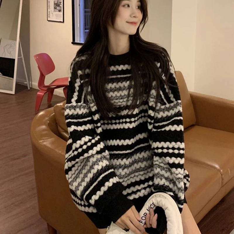 Oversized Sweater Women Autumn Vintage Streetwear Striped Loose Long Sleeve Pullover Harajuku All Match Casual Midi Jumpers