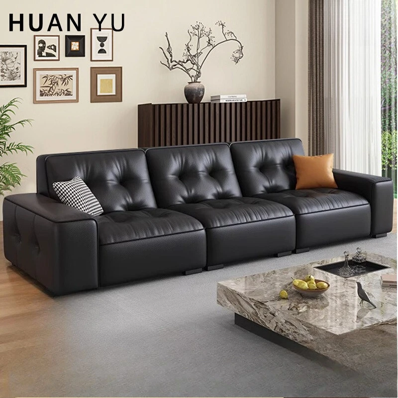 

Italian minimalist leather sofa living room modern simple size apartment light luxury first layer cowhide straight row sofa