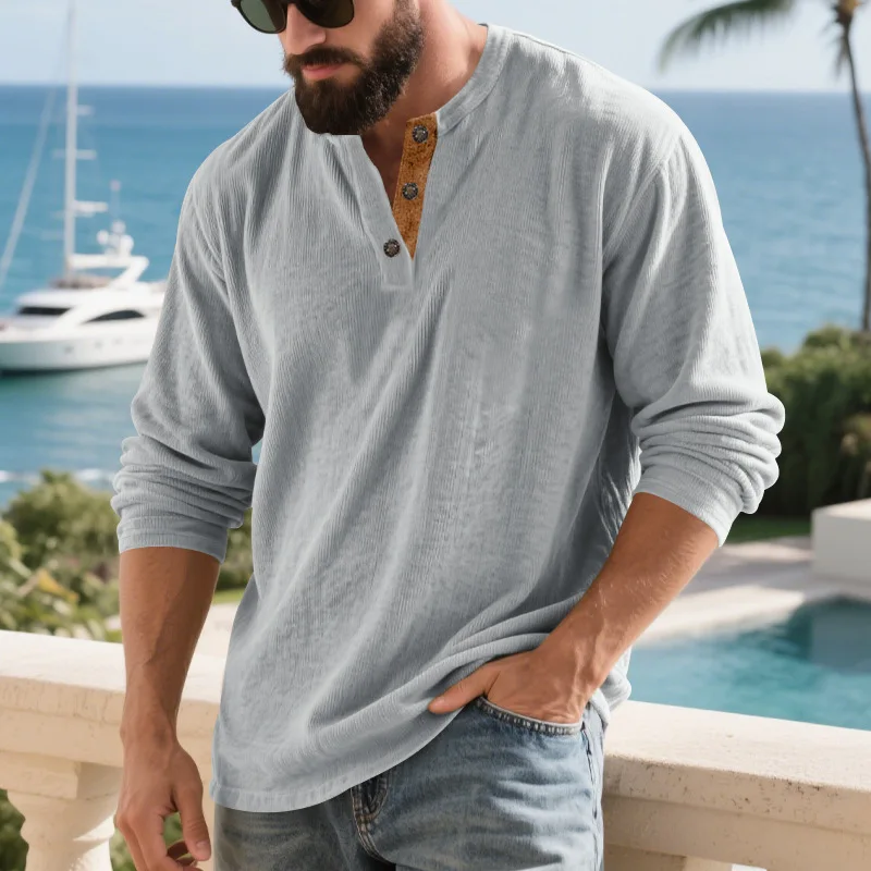 Spring Autumn Corduroy Fashionable T-Shirts Men Henry Collar Vintage Loose Casual Tshirt Man Sports Tees Beach Tops Streetwear