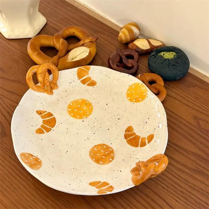Handmade Ceramic Breakfast Plate, Salt and Pepper Crisp Cake Handle, Croissant Biscuits, Dessert Salad Plate, Household Utensils