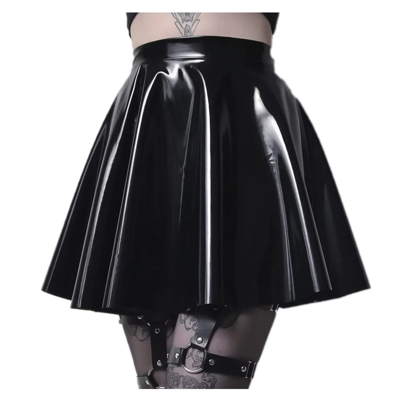 Gothic Women Wet Look Patent PU Leather Skirt Lady High Waist PVC Flared Pleated A-line Circle Mini Skater Skirt Clubwear Custom