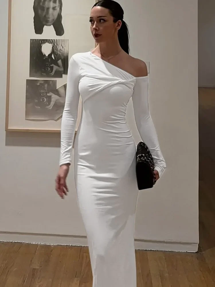 

Inclined Shoulder Long Sleeve Sexy Maxi Dress Women Autumn Winter White Fashion Backless Bodycon Club Long Dress Female