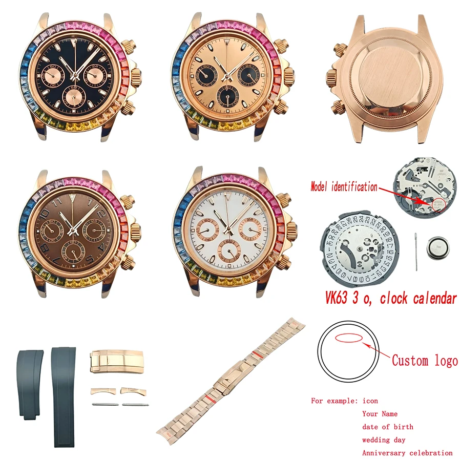 شعار مخصص 39.5 مللي متر الملونة الماس Lume كرونوغراف رجل ساعة ذهبية وردية تناسب VK سلسلة 63 ساعة يد تعمل بالحركة الكوارتز اكسسوارات