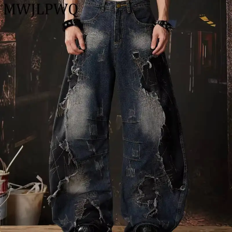 

MWJLPWQ Dark Wash Frayed Rip Wide Leg Denim Jean Abstract Stitch High Waist Men Grunge Street Loose Casual Bottom Fit Wear 16948