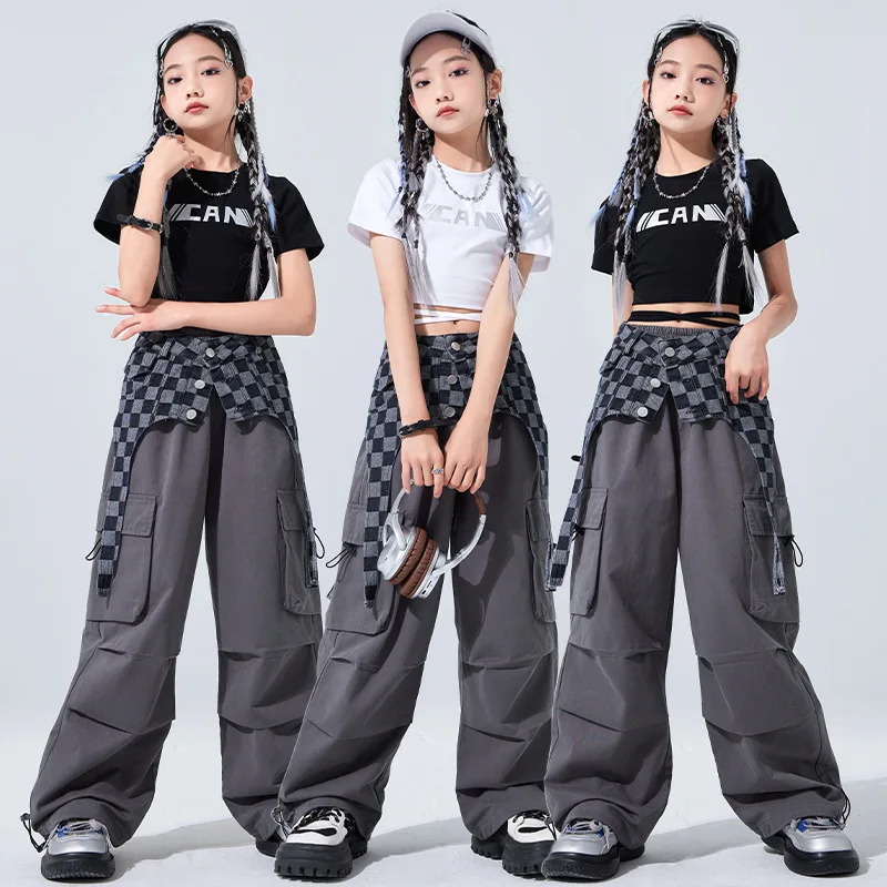 Kid Hip Hop Clothing Black Lace Up Crop Top Long Sleeve T Shirt Gray Casual Cargo Pants for Girl Boy Jazz Dance Costume Clothes