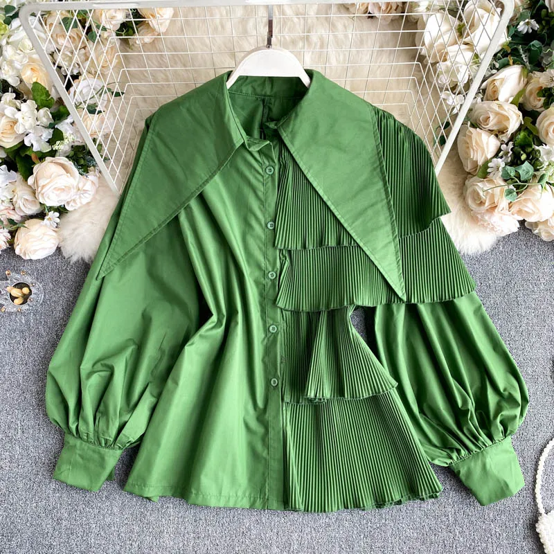 Korean Fashion Streetwear 2023 Spring and Autumn Shirt Women's Irregular Design Bubble Sleeves Hundred Ruffles Top Women