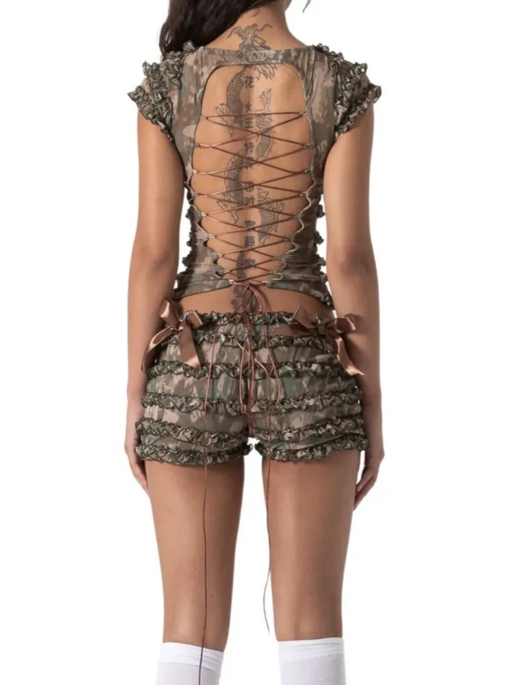Fashion 2-piece Set Pairs Of Sweet Spicy Girls Y2k Summer Lace-Trimmed Hollowed-Out Halter Tops Women's Summer Lace Puffy Shorts