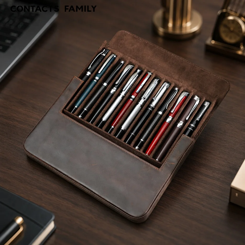 Crazy Horse Leather Pen Case for 12 Pens Handmade Magnetic Drawer Style Pen Storage Box for Students Office Stationery Organizer