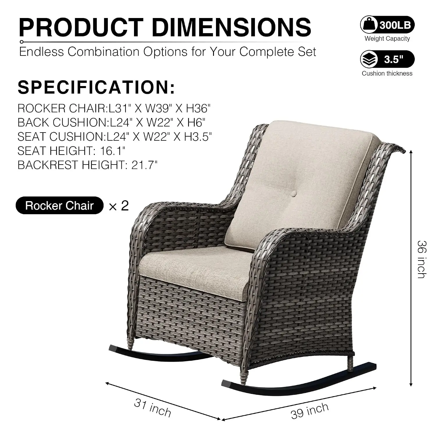 Wicker Rocking Chair Set 2, High Back Deep Seat Wide Armrest Thick Cushion, Outdoor Patio Deck Porch Furniture, Customized