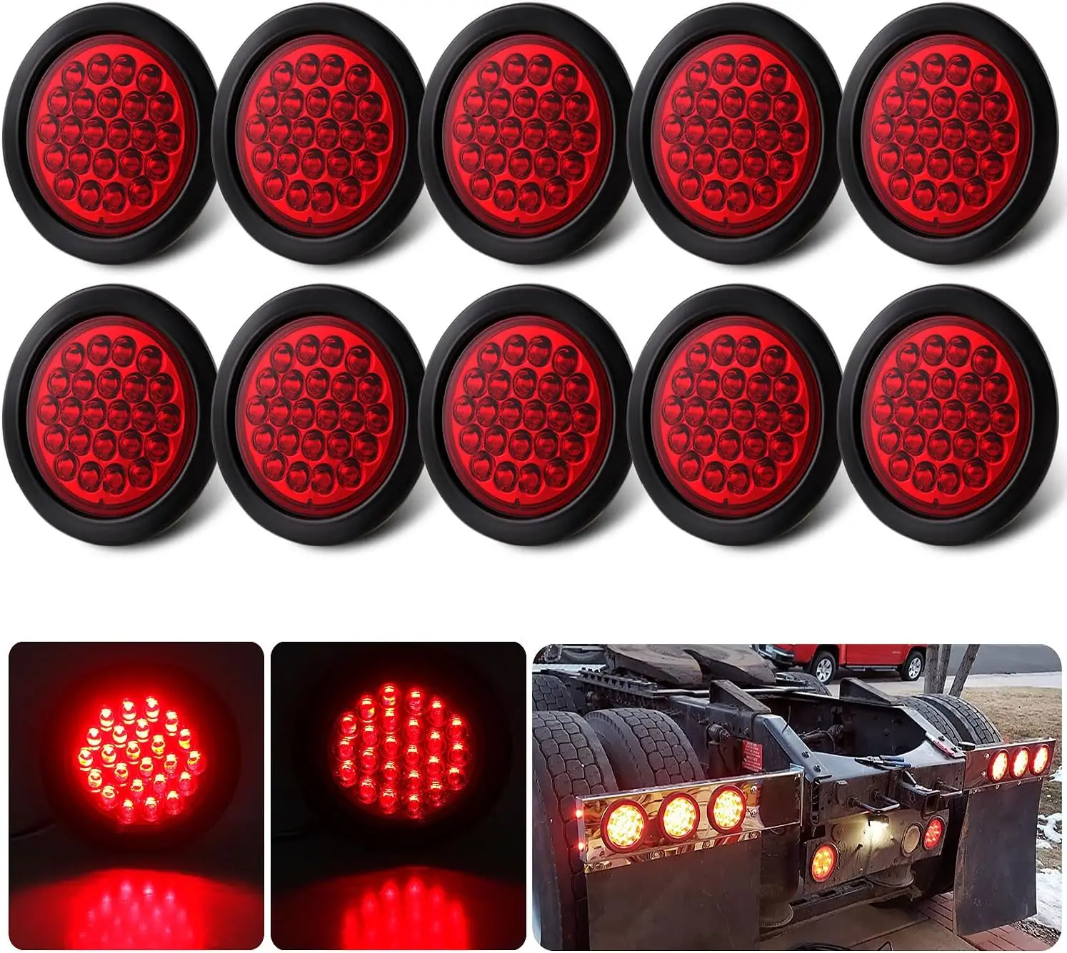 

10Pcs 4' Round Red LED Trailer Tail Lights, 24 LED Waterproof Flush Mount with Grommets, 3-Prong Wire Pigtails, 12V for Trucks R