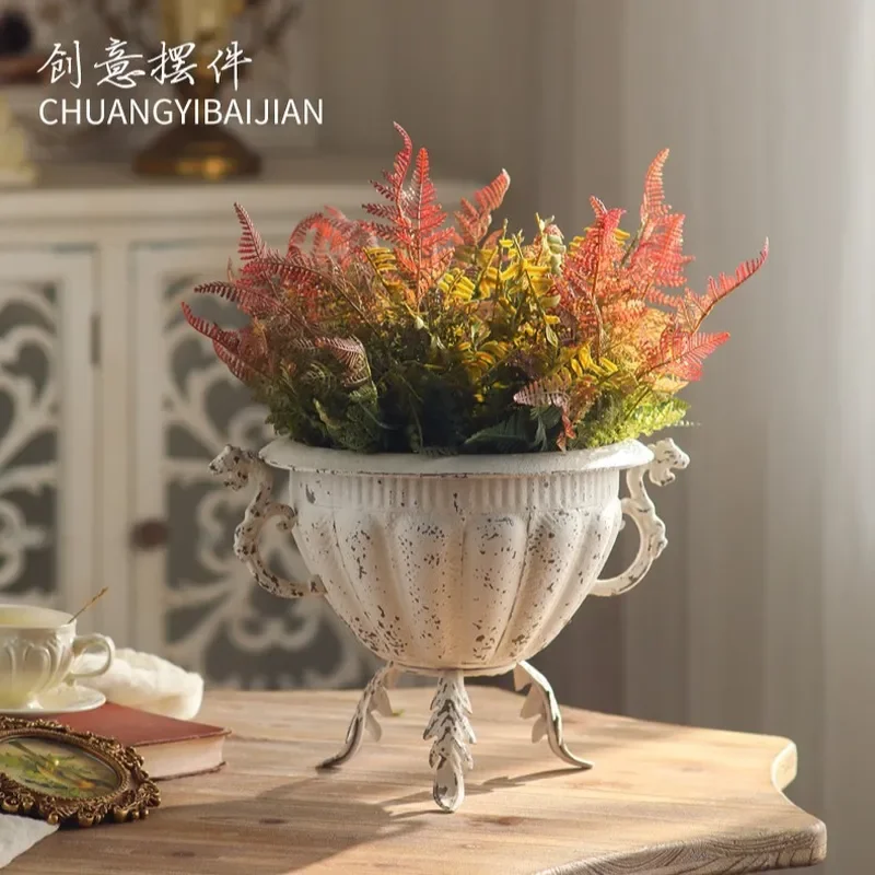 European Retro Wrought Iron Flower Pot Large Diameter Vase for Dried Flowers French Romantic Style Photo Studio Prop