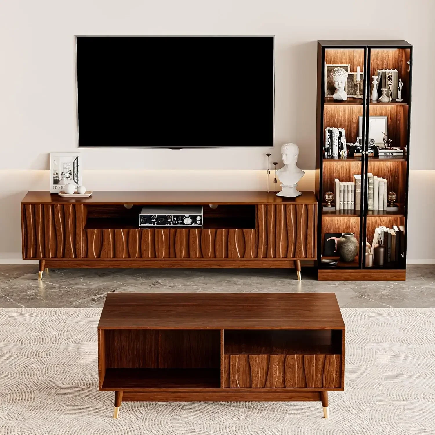 

Mid Century Modern Entertainment Center Includes Tv Stand Glass Cabinet Coffee Table Walnut Brown Finish Fits 75 85 Inch Tv