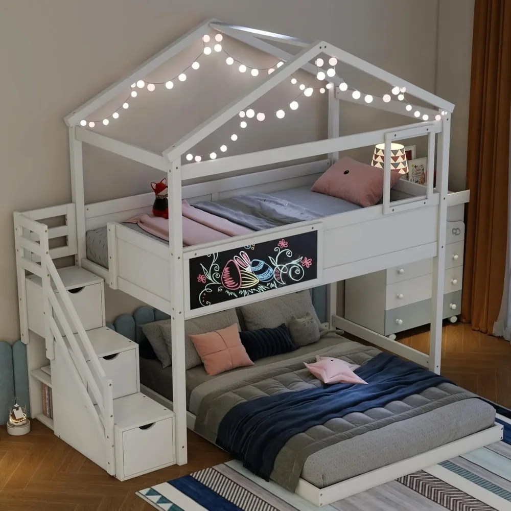 

Twin Over Full House Bunk Bed with Storage Staircase & Blackboard,Wood Kids Bunk Bed with Roof and Safety Guardrails