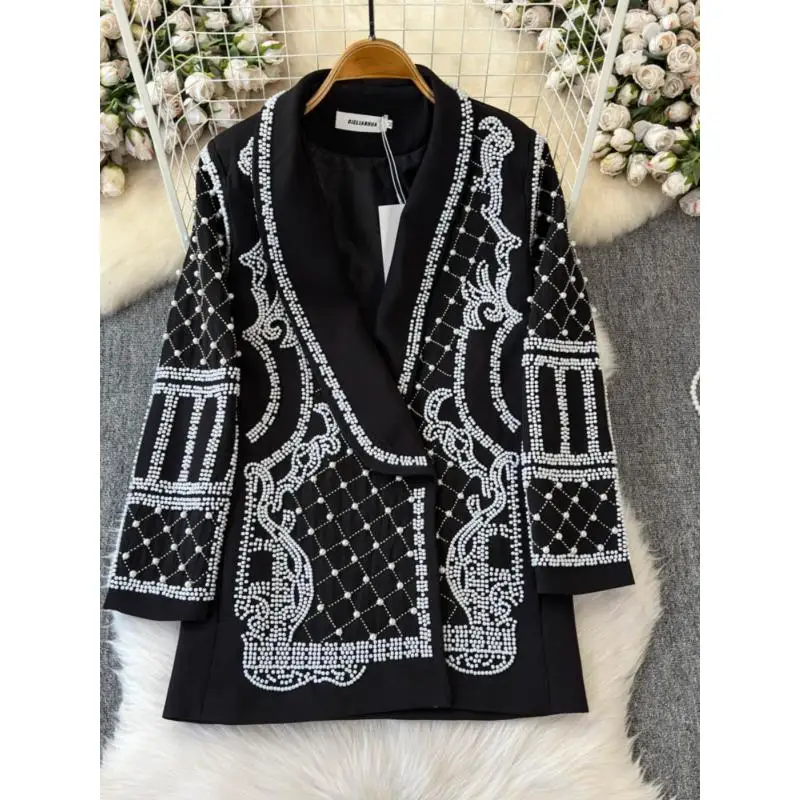 Getspring feminino blazer 2025 primavera bordado flares manga longa senhoras branco preto blazer casaco solto longo terno feminino jaqueta