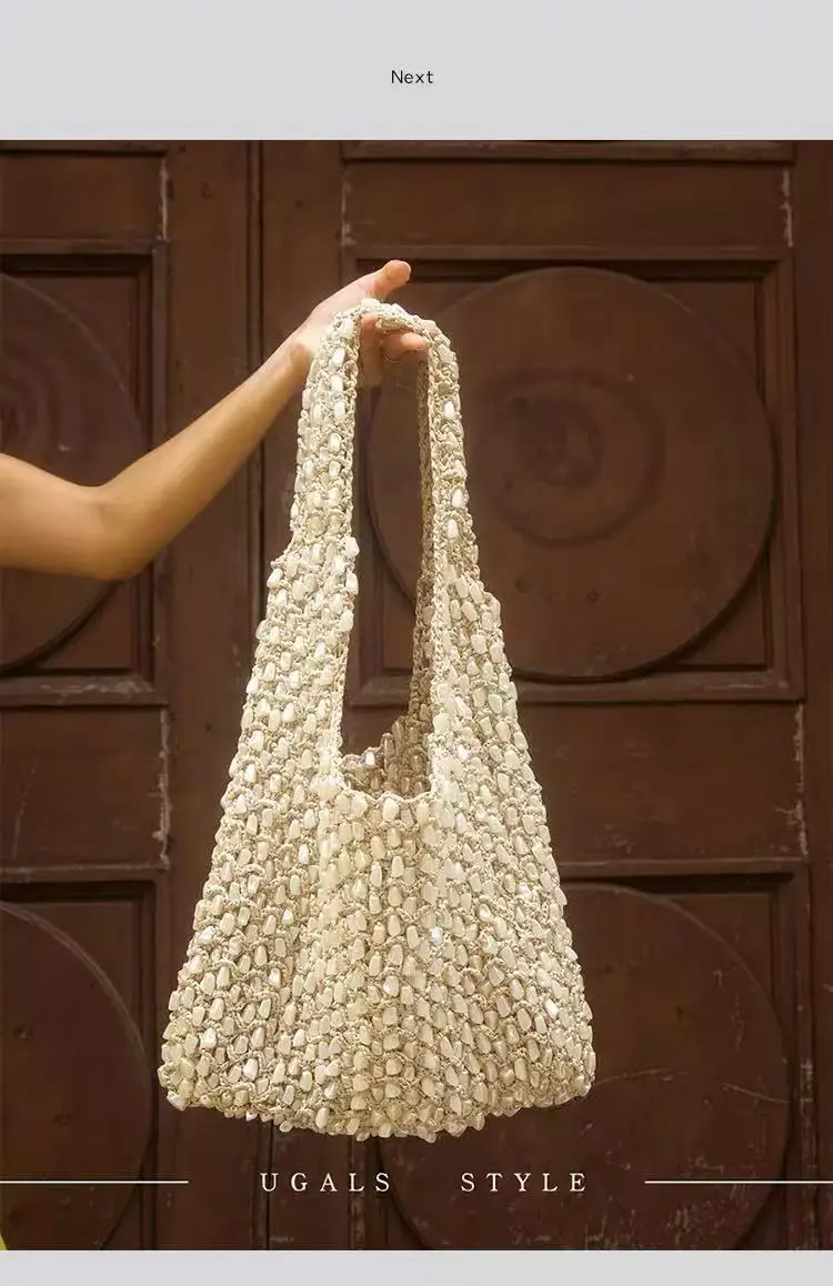 

High Quality Fashion Stones Woven Handmade Bucket Bag Large Capacity Female Shoulder Underarm Bag Holiday Vacation Travel Bag