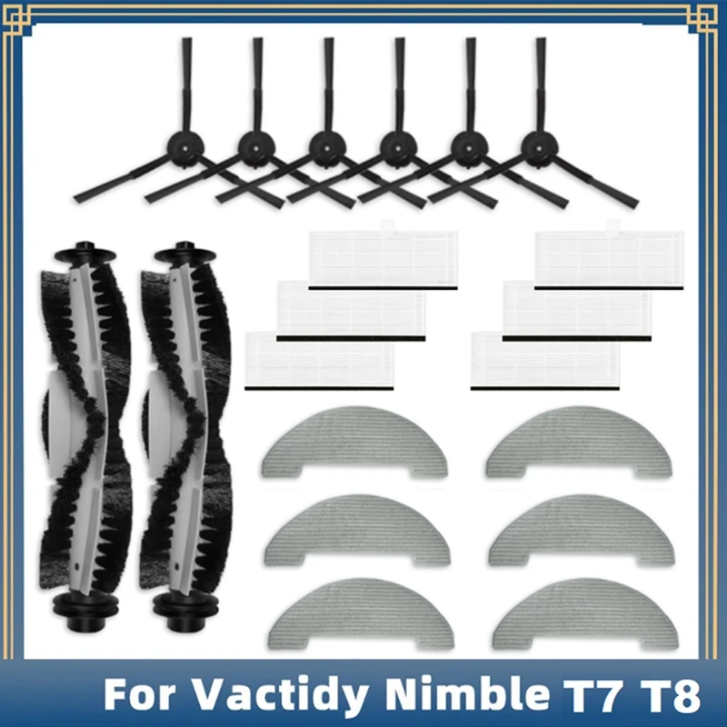 20 PCS Main Side Brush HEPA Filter Mop Pad Black-Gray & White Replacement Parts For Vactidy Nimble T7 T8 Robot Vacuum