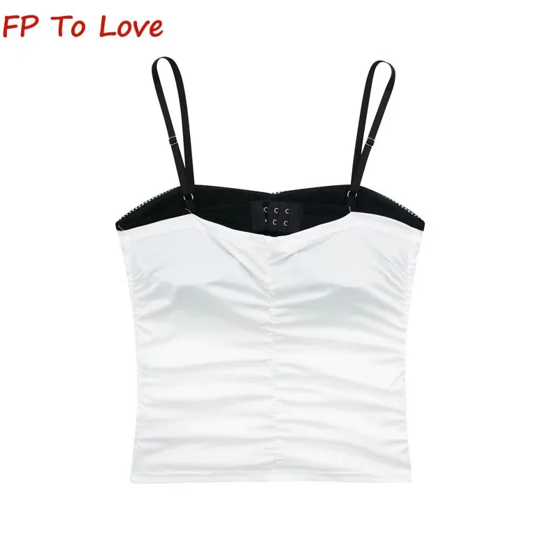 Y2K 2024 Summer Pleated With Bra Pad Vintage Short Top Sexy Spice Girls Tank Top False Two Piece Clashing Camisole