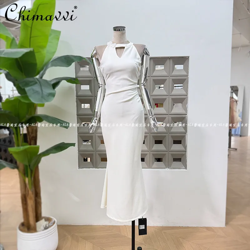 

French Elegant Temperament Socialite Off-Shoulder Sleeveless High Waist Slim Hip-wrapped White Evening Dress Women's Summer 2026