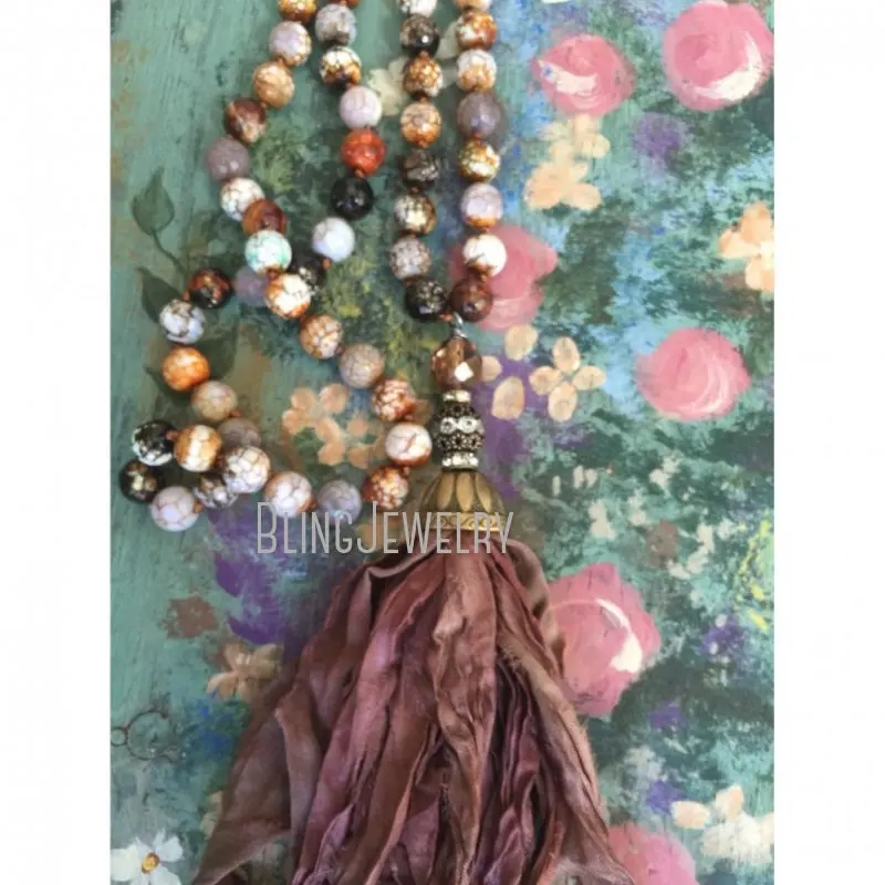 NM15486 Plum Sari Silk Tassel on Brown Crackled Fire Agate Beads Necklace Shabby Bohemia Urban Hippies Jewelry For Women