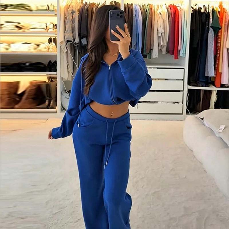 Damen-Hosen-Sets mit Kapuze, Langarm-Reißverschluss, Oversize-Mäntel, Kordelzug-Taille, Schlaghosen, Frühling-Herbst, schicke neue Outfits für Damen – Detail 23