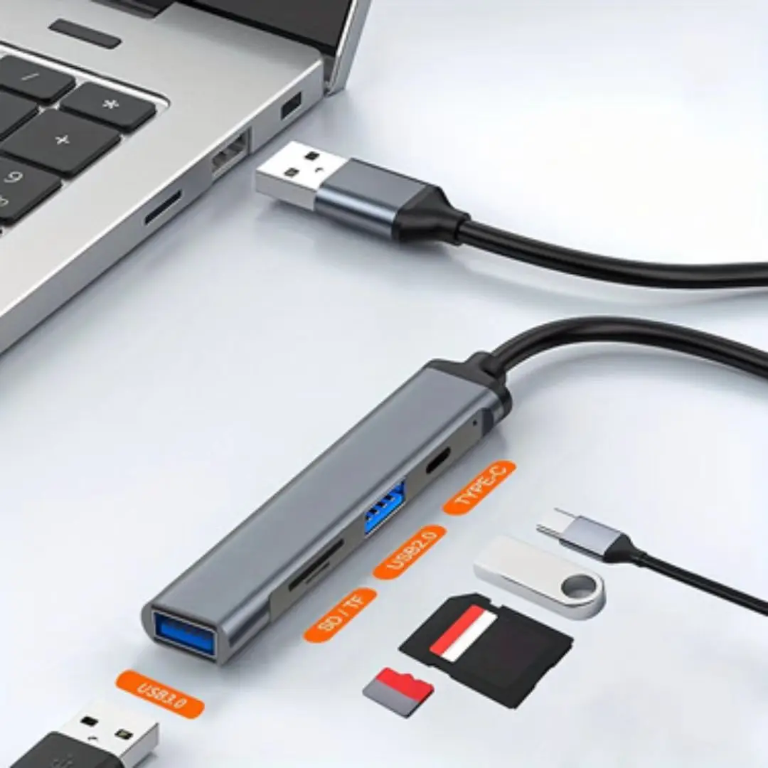 5-in-1 USB-C SD Card Reader, USB 2.0 Type-C Data, USB 3.0 TF SD Expander, High-Speed Data Transfer, Plug and Play