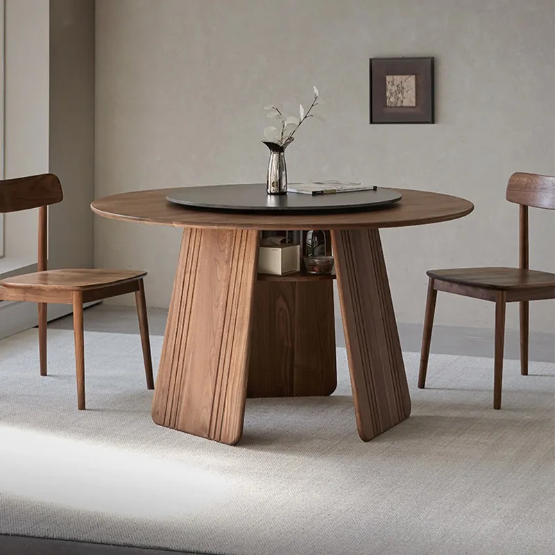 Solid wood round dining table, North American black walnut home retro round table, rock slab dining table with turntable