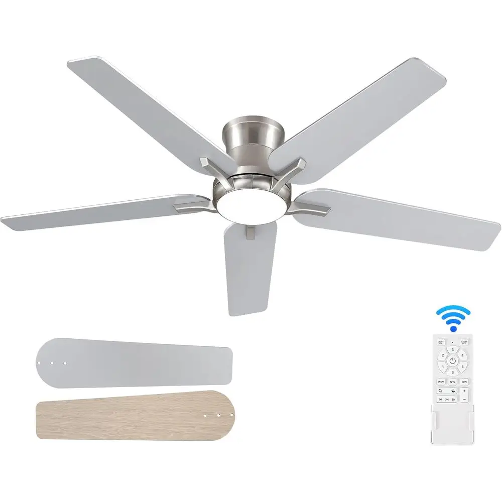 

52 6-Speed Dimmable LED Ceiling Fan with Remote, Brushed Nickel Finish, Ideal for Low Profile Spaces in Bedrooms, Living Rooms,
