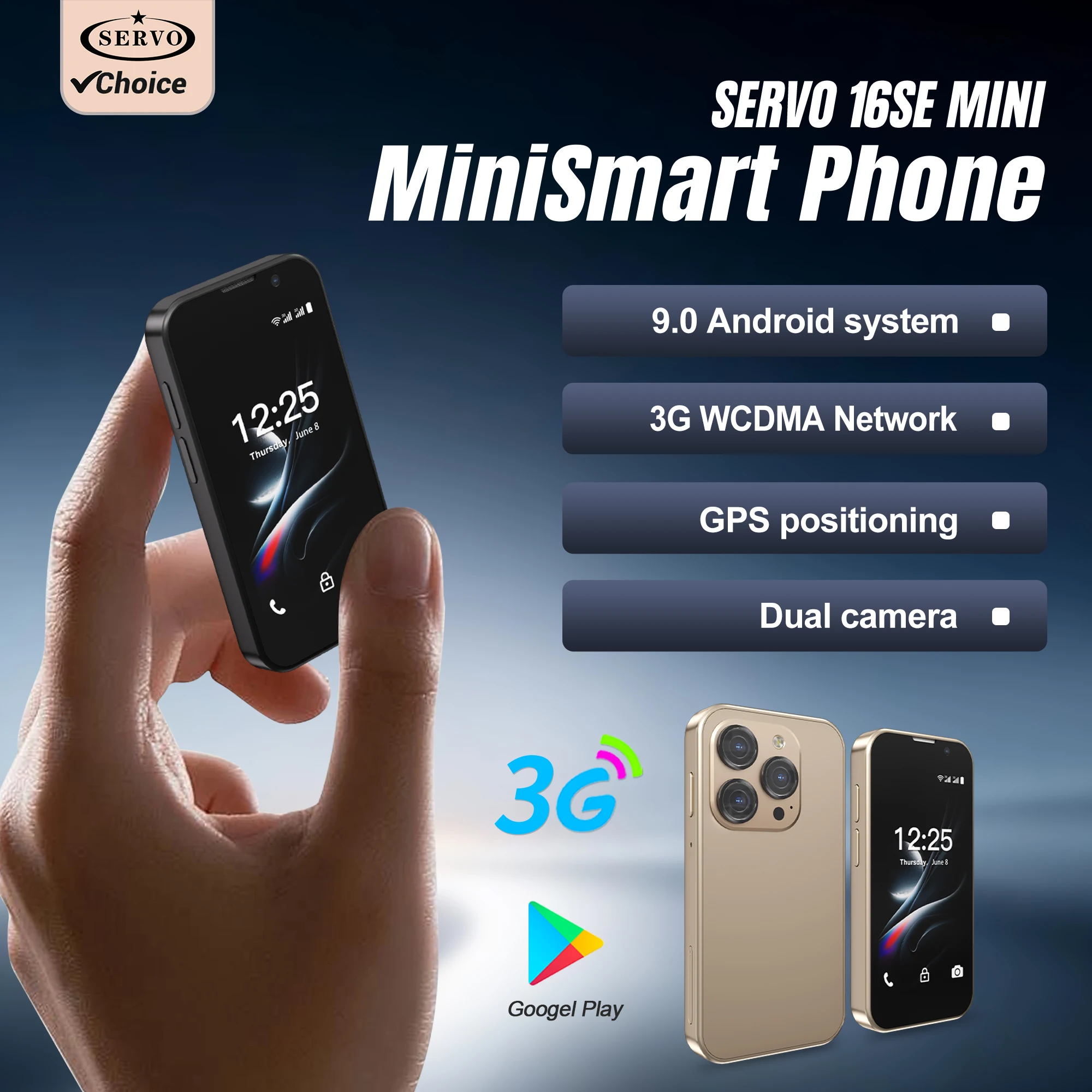 

Популярный мини-смартфон SERVO на Android 9.0 с поддержкой 3G, двумя SIM-картами, 2 ГБ ОЗУ + 16 ГБ памяти, 3-дюймовым HD-дисплеем, разблокировкой по лицу и доступом к Play Store.