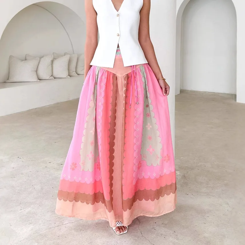 

Women Loose Skirt Sashes Printed A Line Fashion Skirt High Waist Summer