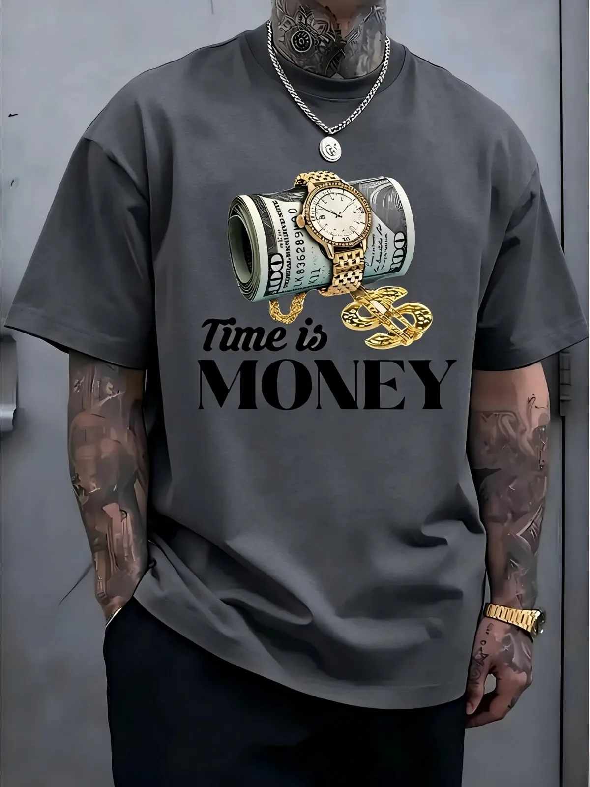 New American men's summer watch with letter wealth print soft and breathable round neck T-shirt outdoor leisure vacation top
