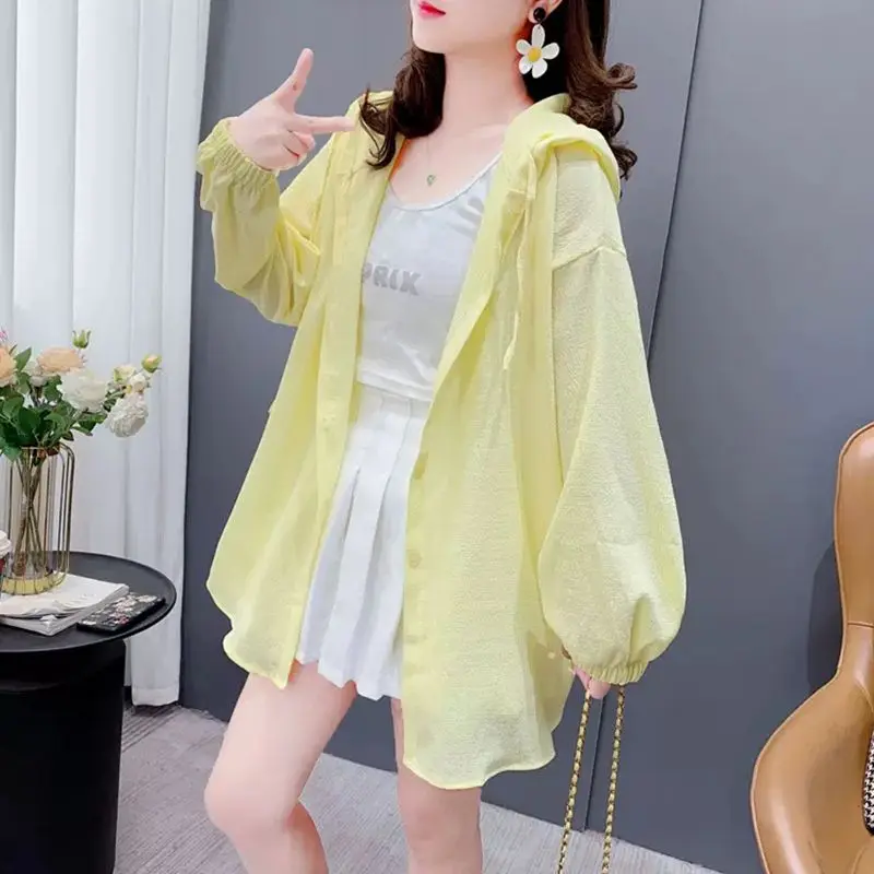 Korean 2024 Women\'s Summer New Splicing Hooded Button Fashion Solid Color Loose Minimalist Casual Long Sleeve Blouses Shirts