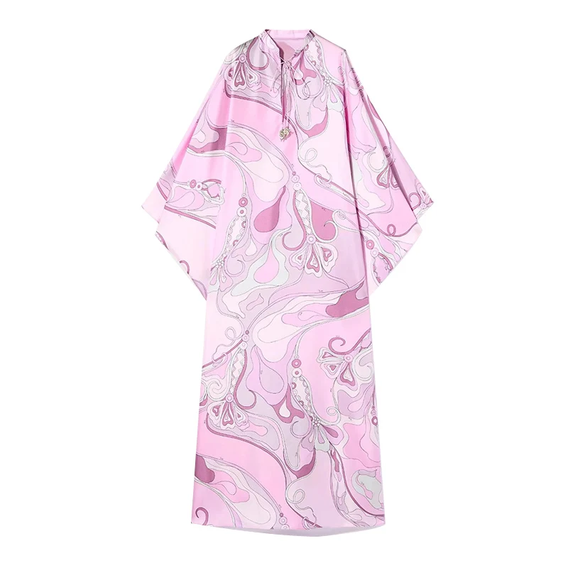 2025 nova moda elegante vestido de festa de férias vintage robe impressão geométrica cetim caftan vestido feminino gola solta oco