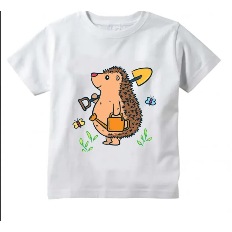 Camiseta blanca con estampado de erizo de dibujos animados para niños y niñas, camiseta de manga corta a la moda, Tops de verano