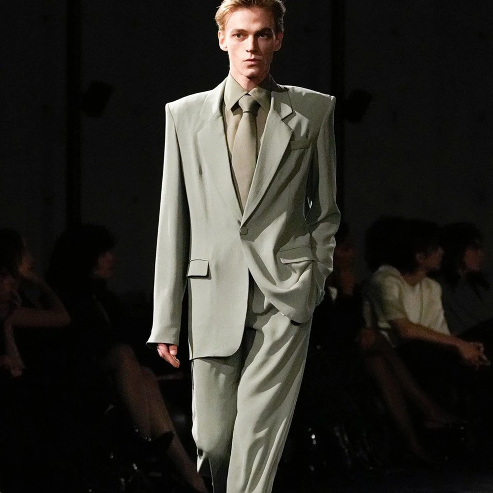 

Светло-серые зеленые мужские костюмы в деловом стиле, комплекты из 2-х предметов с куртками и брюками, модная свободная одежда с лацканами для вечеринок, мужская одежда, наряды