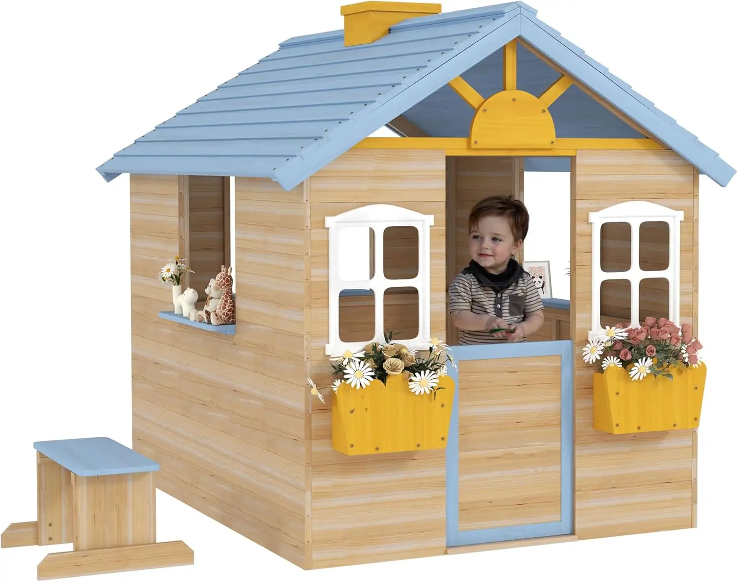 

Wooden Playhouse for Kids Outdoor Garden Pretend Play Games, Adventures Cottage, with Working Door, Windows, Bench, Service
