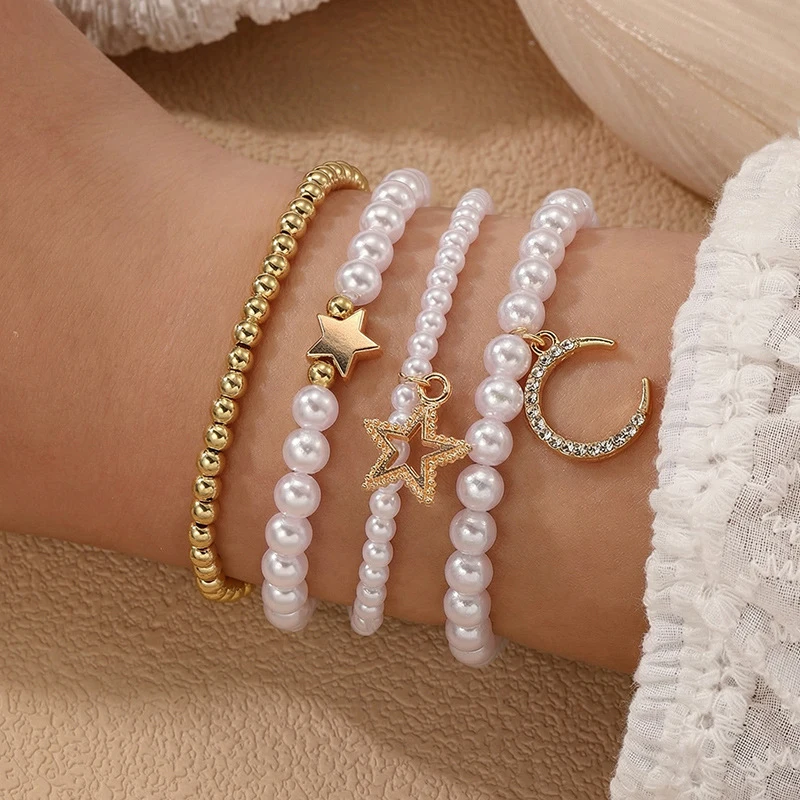 4pcs/set Pearl Bracelet Set with Star & Moon Pendant – Elegant Celestial Charm Hand Jewelry.