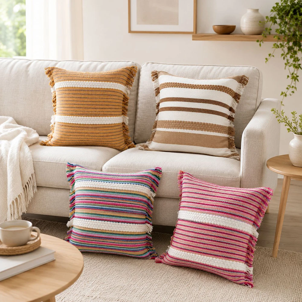 Boho Weave Fringed Sofa Throw Pillowcase Cojines Contrasting Texture Fringed Stripes Pillow Cushions Cover Decor Home 45x45cm