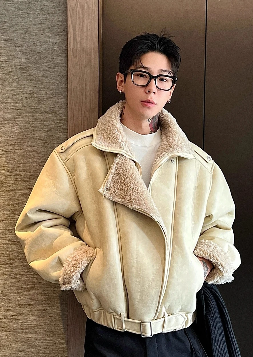 Men's PU Leather Solid Color Parkas Men's 2025 Winter New Thickened Motorcycle Jackets Long Sleeve Faux Fur Integration Coats