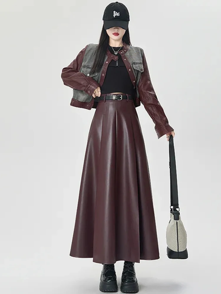Vintage PU leather women midi skirts Y2K Autumn high waist Streetwear with belt pleated Skirt female elegant Solid A line skirts